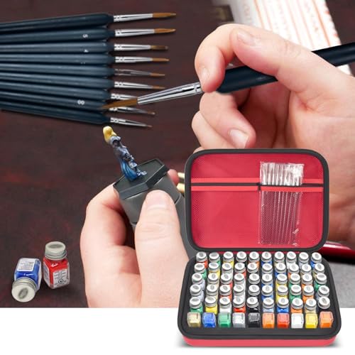 Model Paint Storage Case for Testors, Holds 60 Bottles, Paints Not Included | 9 Detail Brushes Included, Hard Shell Carrying Bag, Foam Slots, for Model Builders, Miniature Painters, Home Travel Use, Red - color: Red