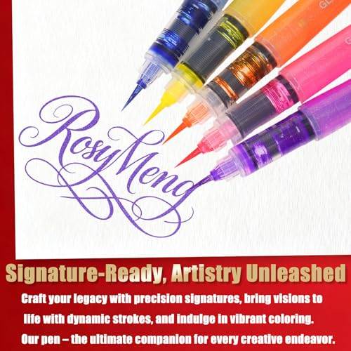 ROSYMENG 12 Colors Glitter Paint Pens, Extra Fine 0.05mm Metallic Brush Pen | Water‑Based, Smooth Ink Flow, Great for Adults DIY Crafts, Greeting Cards, Journaling, Drawing, Scrapbooks -Style B - color: 12 Colors (Style B)