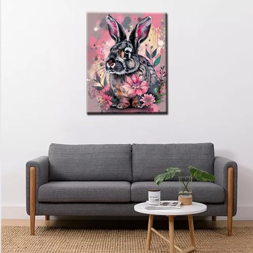 Lovely Bunny Paint by Numbers Adorable Animal Paint by Numbers Kits for Adult Paint by Numbers Pink Flower Painting Art Craft with Brushes Acrylic Pigment Drawings Gift DIY Framed 16x20 Inch - color: Graffiti A-02, size: 16''x20''(DIY Frame)