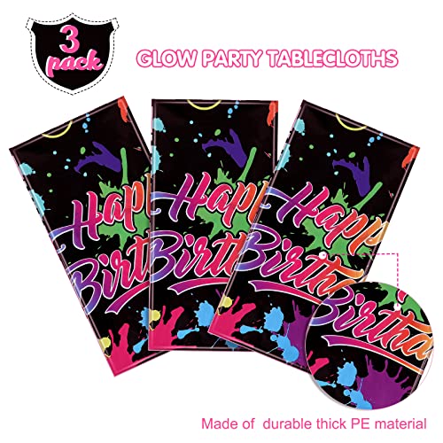 3 Pcs Glow in the Dark Tablecloth Disposable Plastic Neon Table Cloths Happy Birthday Glow Party Table Covers for Neon Black Light Birthday Party Paint Splatter Decorations Supplies, 54 x 108 Inch