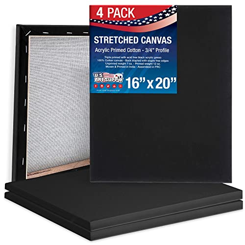 U.S. Art Supply 16x20 inch Black Canvases for Painting, 4 Pack Bulk Stretched Artist Canvas Professional Primed - Ideal for Arts & Crafts, Heavy-Weight Gesso - Acrylic Pouring, Oil Paint - size: 16" x 20"