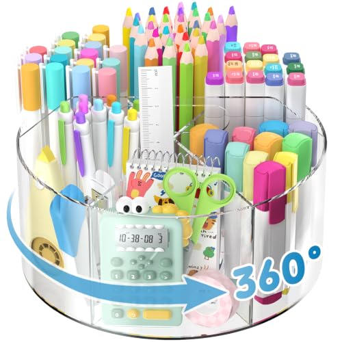 SUPEASY Acrylic Rotating Pencil Holder, 360° Clear Pen & Marker Organizer | Crayon Art Supply Organizer with 6 Compartments and Carry Handle for Desk, Home, Office, Classroom