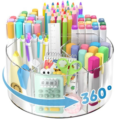 SUPEASY Acrylic Rotating Pencil Holder, 360° Clear Pen & Marker Organizer | Crayon Art Supply Organizer with 6 Compartments and Carry Handle for Desk, Home, Office, Classroom