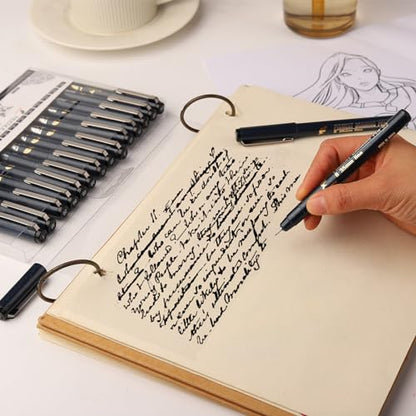 16 Pack Micro Fineliner Drawing Pens - Waterproof Black Ink, Assorted Tip Sizes for Sketching, Manga, Anime, Comic, Art Writing, Journaling & Architectural Design