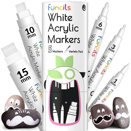 5 White Acrylic Paint Pens for Rock Painting, Wood, Fabric, Metal | Fine & Jumbo Size Ink Pens (1mm, 3mm, 6mm, 10mm, 15mm) - Permanent White Marker Ink for Tire, Canvas, Glass, Plastic, Ceramic - color: White