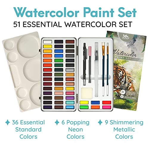 MozArt Supplies - Watercolor paint set 51 Vibrant Colors + accessories - For beginners & professionals | Complete Non-Toxic Watercolor Art Kit – 36 Classic, 9 Metallic, 9 Neon – Portable Metal Box & 7 Accessories for Artists - color: Watercolor 51 Set