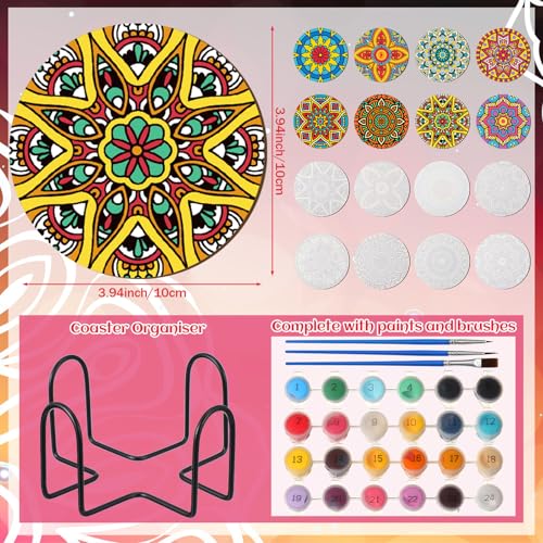 Reallnaive 8 Pcs Mandala Paint by Numbers Kit for Adults Wooden Coasters | Mini Floral Paint by Numbers, Tiny Flower Round Oil Painting Drink Coaster with Holder, for Small DIY Craft Birthday Gift - style: Mandala