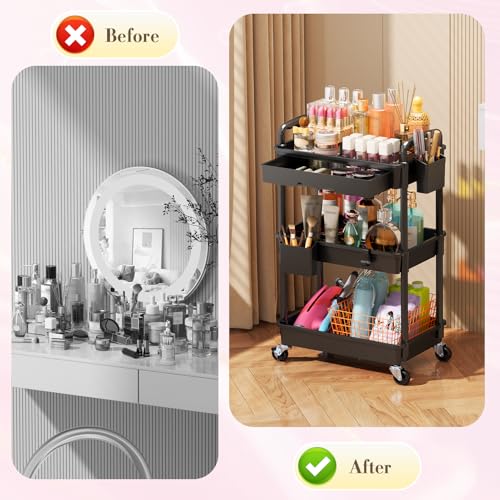 SUNALLY Makeup Cart Organizer with Drawer,3 Tier Rolling Makeup Cart, Black - color: Black, size: 3 Tier