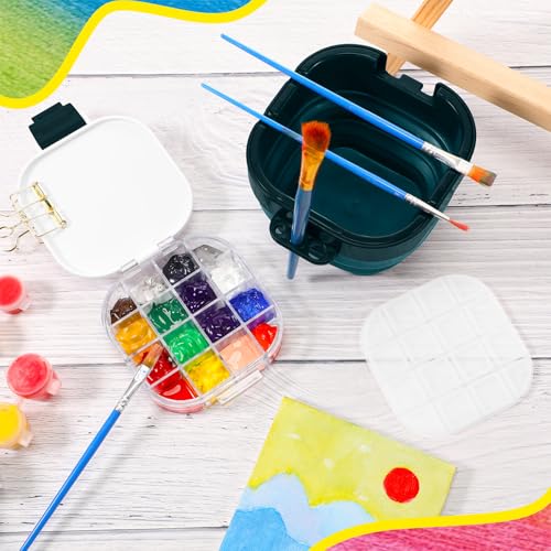 Airtight Acrylic Paint Palette Lid 16 Well Storage Box Travel Palette Paint Storage Container Fixing Clips Collapsible Brush Basin Art Supplies Organizer for Gouache Acrylic Watercolor and Oil(Green) - color: Green