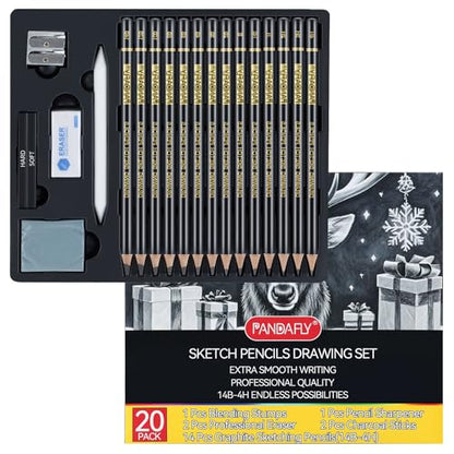 PANDAFLY Drawing Sketching Pencil Set, 20 Piece, 4H-14B Graphite Pencils | Pro Art Pencil Kit with Charcoal Sticks, Erasers, Sharpener, Blending Stump, Artist Pencils For Beginners & Pro Artists