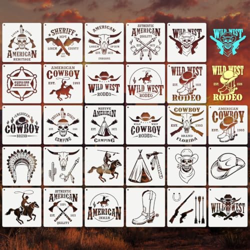 Western Cowboy Stencils for Crafts Reusable 28Pcs Stencils(5.8X5.8 Inch) | DIY Art Painting Stencil Furniture Decor Kit for Wood Embroidery Wall Silk Screen Journaling - color: Cowboy