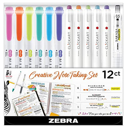 Zebra Pen Notetaking Set, MILDLINER, CLiCKART & SARASA, Assorted, 12-Pack | Includes 6 MILDLINER Highlighters, 5 CLiCKART Felt Tip Pens & 1 SARASA MarkOn Pen, Ideal for Bible Study & Note-Taking (12012 - style: Journaling and Planning Set