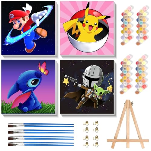4 Pack Cartoon Paint by Numbers for Kids with Framed Canvas - Wooden Easel - color: MT11763+MT11764+MT11765+MT11766