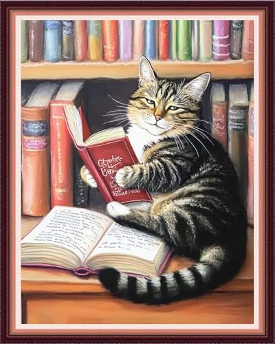 Fanxvivy Stamped Cross Stitch Kits for Beginners Full Range of Cross Stitching Preprinted Embroidery Kits for Adults, 11CT Embroidery Pattern Needlepoint Kits-Cat Reading 16x20 inch - color: Artdesign22