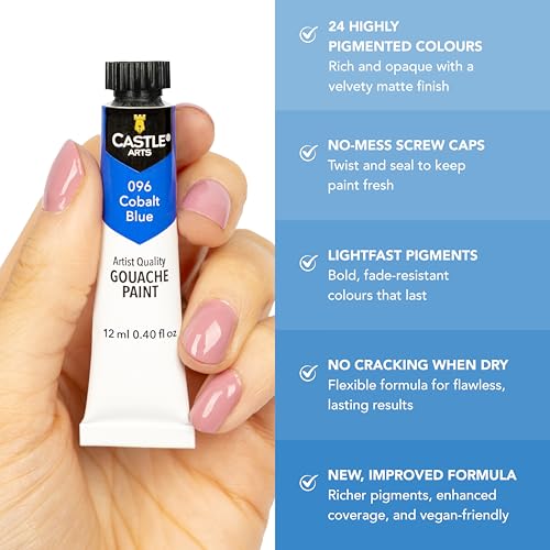 Castle Art Supplies 24 Piece Gouache Paint Set for Adults - New Formula | Richer, brilliant opaque color in 24 X 12ml tubes - versatile and easy to use for adult artists, presentation box