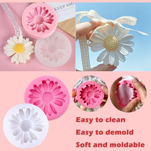 8PCS 3D Daisy Flower Silicone Mold with Hole and Large-Eye Wicking Needle, for Candle Soap Wax Epoxy Resin Concrete Fondant Topper - color: 6PCS-Daisy-with-Hole