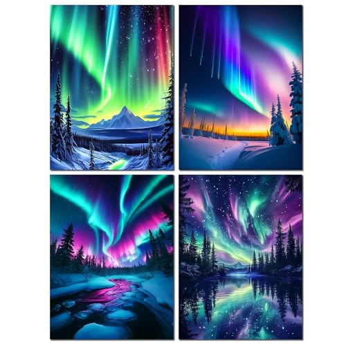 Muzagroo Art 5D Diamond Painting Kits for Adults, Aurora Diamond Art Kits for Beginners, DIY Landscape Diamond Dot Kits Gem Arts and Crafts for Living Room, Gem Painting Living Room 4 PCS Wall Art - color: 03-Aurora