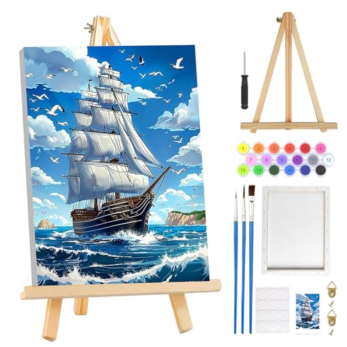 MOGTAA Ship Landscape Paint by Numbers Kit for Adults Beginners with Frame, Seagulls and Sea Adult Paint by Number Kits on Canvas with Easel, Easy DIY Oil Painting Kits for Home Decor, 8x12in - color: Landscape5