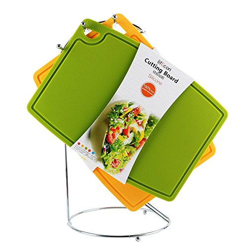 Liflicon Thick Cutting Boards for Kitchen Silicone Chopping Board Set of 2 Mid 12.6'' x 9.1”,Mini 9.1”x7.1” Non-slip Deep Drip Juice Groove Easy Grip Handle,Dishwasher Safe-Green - color: Green, size: 9.1"L x 7.1"W & 12.6"L x 9.1"W