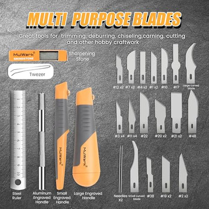 MulWark 41-Piece Precision Hobby Knife Set - Exacto Knife Set For Modeling - Craft Knife Handle Customized With Chiseling, Stencil Edge And Fine Point Blades With Sharpening Stone And Steel Ruler - style: 41 PCs of Precision Knife Set