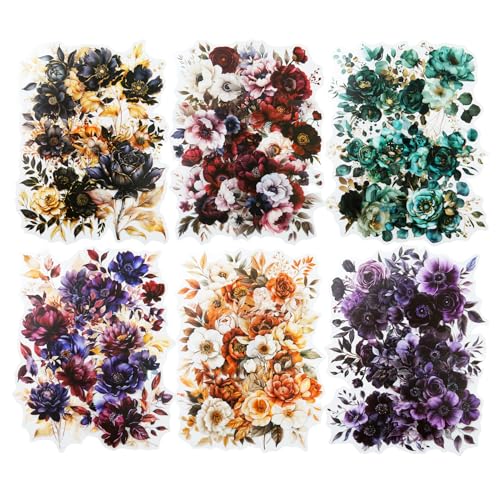 120 Pcs Gothic Floral PET Stickers for Scrapbooking | Blooming in the Dark Night theme with botanical motifs for junk journaling, collage, card making, and DIY crafts - color: Midnight Bloom