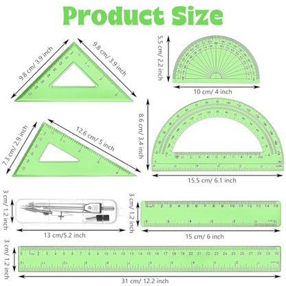 Zonon 7‑Piece Geometry Set with Drawing Compass, 6 & 4 Inch Protractors, Triangle Rulers and Straight Rulers, Transparent Math Drafting Supplies for Back to School, Students and Office Use(Green) - color: Green