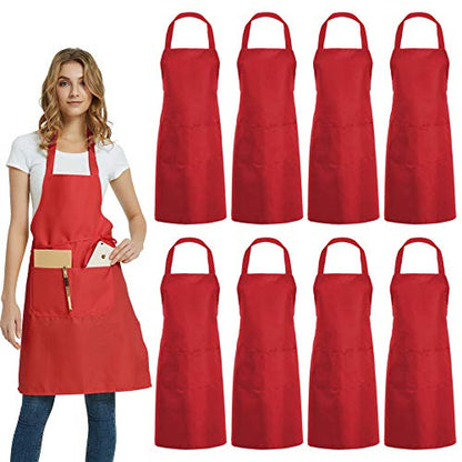 DUSKCOVE 8 Pack Bib Aprons Bulk - Unisex Red Commercial Apron with 2 Pockets for Kitchen Crafting BBQ Drawing Cooking - color: Red