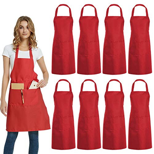 DUSKCOVE 8 Pack Bib Aprons Bulk - Unisex Red Commercial Apron with 2 Pockets for Kitchen Crafting BBQ Drawing Cooking - color: Red