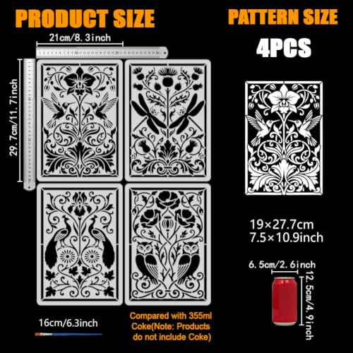 FINGERINSPIRE 4PCS Symmetrical Animals Plants Painting Stencils with Paint Brush 8.3x11.7inch Hummingbird Dragonfly Flower Template Peacock Owl Vine Stencil Animal Theme Template for DIY Crafts - color: Symmetrical Animals Plants