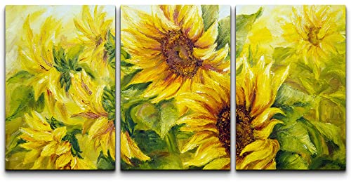 wall26 - 3 Piece Canvas Wall Art - Sunflowers in Oil Painting Style - Modern Home Art Stretched and Framed Ready to Hang - 16"x24"x3 Panels - color: Artwork - C205, size: 16" x 24" x 3 panels