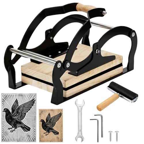 A4 Manual Lever Linocut Printing Press, Suitable for 25mm Thick Blocks, Even Pressure on Large Format, Reinforced Structure,Linocut Press Machine Design Includes Felt Pad & Rubber Roller