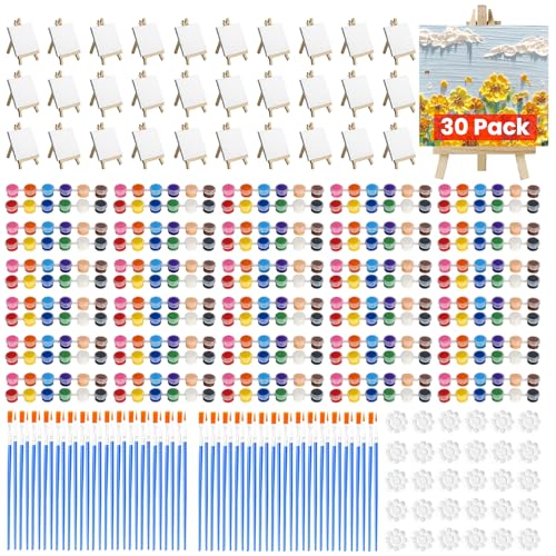 30 Pack Mini Canvas and Easel Set, 4 x 4 inch Small Canvases for Painting | Mini Canvas with Easel and 12 Colors Mini Paint Set Bulk Acrylic Canvas Painting Supplies Kit for Party