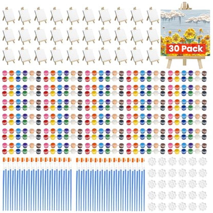 30 Pack Mini Canvas and Easel Set, 4 x 4 inch Small Canvases for Painting | Mini Canvas with Easel and 12 Colors Mini Paint Set Bulk Acrylic Canvas Painting Supplies Kit for Party