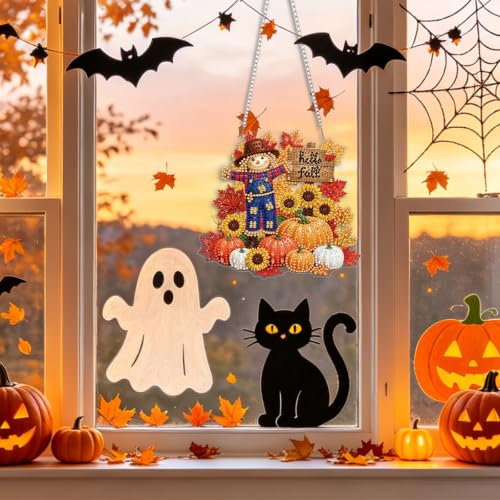 CEOVR Fall Scarecrow Hanging Diamond Art for Adults, Autumn Pumpkin Sunflower Diamond Painting Pendant, Special Shape Gem Art Window Ornament, Acrylic Home Wall Decor with Chain, Box Kit 7.87×7.08in - color: 32-Scarecrow