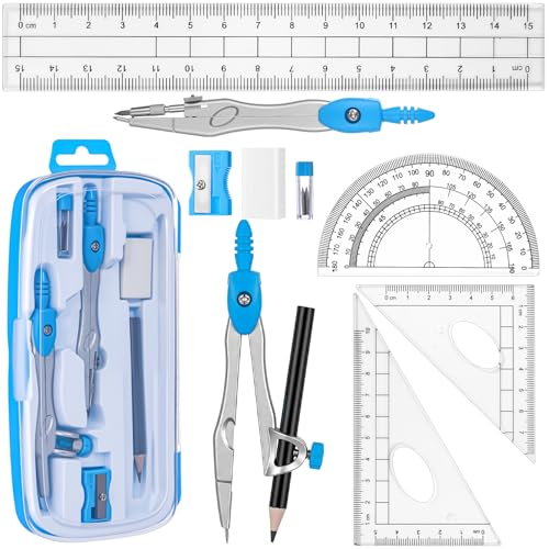 Zonon Math Geometry Set for Students 10 Pcs Compass Geometry Tools Kit Includes Protractor Compass Lead Refills Rulers Pencil Sharpener Eraser Pencil Storage Box for Drafting and Drawings(Blue) - color: Blue