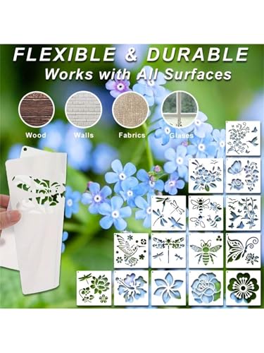 Painting Stencils, 16-Piece Reusable Plastic Templates, Butterfly, Hummingbird, Dragonfly, Bee and Floral Designs, 5.1 x 5.1 Inch - color: White