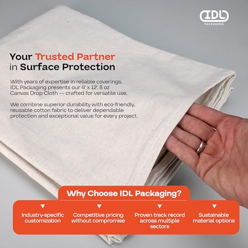 Canvas Drop Cloths 4' x 12', Pack of 6 - Reusable & Eco-Friendly Painters Drop Cloth for Furniture, Surfaces & Floor Protection - 100% Recycled Cotton Canvas Tarp for Home Renovation by IDL Packaging - size: 4' x 12', Pack of 6