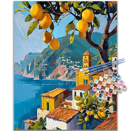 Kalonyth Lemon Tree Paint by Numbers Kit for Adults, 16x20 inch, No Framed | Seaside Town Adult Paint by Number Kits on Canvas, DIY Acrylic Painting, Stress Relief Craft Kits, Home Wall Decor Gift - color: OP-US13