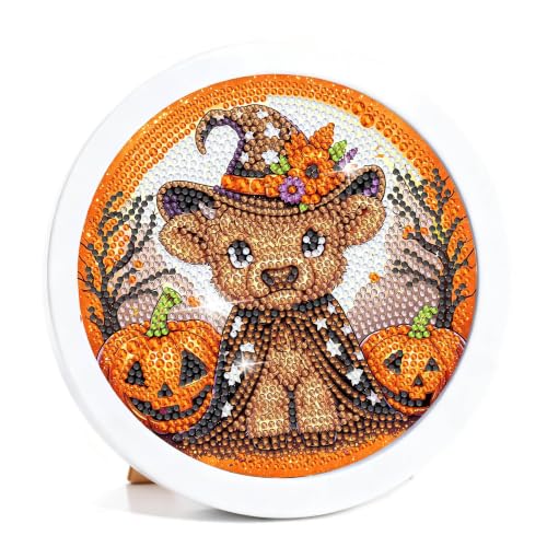 bleihum Halloween Diamond Art Kits for Kids with Round Frame 8X8 inch | Cow Small Diamond Art Painting for Kids Ages 8-12, Pumpkin Gem Arts and Crafts for Kid Gift Wall Decor - color: CC1203-US