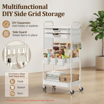 3 Tier Rolling Cart with 2 Drawers, Metal Utility Storage Carts with Wheels | Kitchen Rolling Cart 4.5" Deep Basket, Mesh Side Panel with 3 Cups, 4 Hooks for Office, Bedside, Craft Storage Cart - color: White