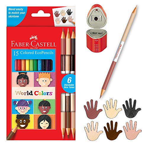 Faber-Castell World Colors Colored EcoPencils | 15 Colored Pencils, Skin Tone & Portrait Shades | Multicolor Colored Pencil Set for Drawing, Coloring, Classroom Use & Creative Expression (Ages 3+) - style: 15 Count + Sharpener