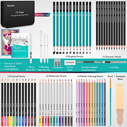 Soucolor 73Pcs Art Supplies Drawing Kit Sketch Pencils Set Adults Gift | 73-Piece Art Set Includes Sketch Book, Coloring Book, Graphite Pencils, Watercolor Pencils & Portable Case for Artists
