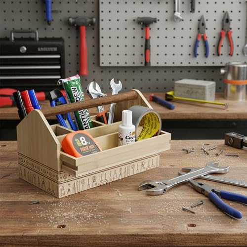 Ikee Design Small Wood Craft Tool Box Caddy with a Handle for Storage - color: Natural with Pattern
