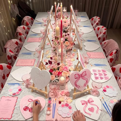 Motipuns 12 Set Pre Drawn Canvas for Painting for Adults Sip and Paint Kit with Easels 8 x 10 Inches Paint Party Kit with Printed Canvas Paints Brushes Palette Bag Apron (Pink Bow) - style: Pink Bow