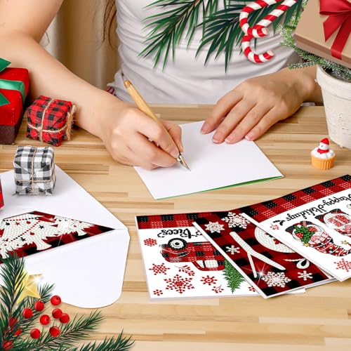 Saillong 12 Pack Christmas Diamond Painting Greeting Card Kits DIY Red Plaid Christmas Diamond Art Cards with Envelopes Xmas 5D Rhinestones Painting for Adults DIY Craft Family Friend Xmas Gifts - color: Plaid Christmas