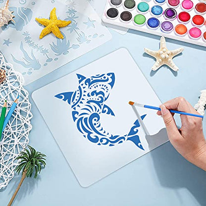 20 Pieces Summer Sea Ocean Stencils Marine Organism Background Painting Templates Summer Reusable Sea Animals Stars Shells Fish Stencil for DIY Crafts Scrabooking Art Projects (6 X 6 Inch) - color: 20 PCS