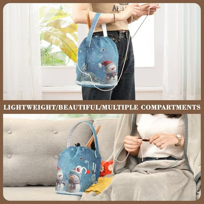 Yarn Bag Small Crochet Bag Drawstring Yarn Storage Organizer Knitting Project Bags Potable Yarn Holder with Holes Handle Crocheting Needles Knitting Accessories Blue Snowmen - color: Blue Snowmen