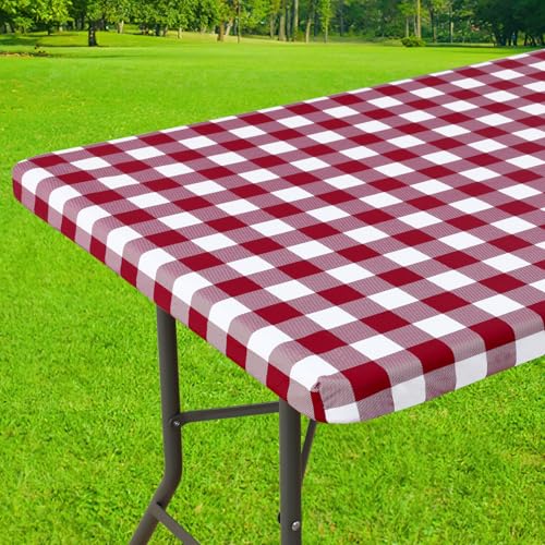 Smiry 4 Foot Picnic Table Cloth, Flannel Backed Fitted Vinyl tablecloths | Waterproof Elastic Rectangle Tablecloth ,Buffalo Plaid Table Covers for Dining, Camping (Burgundy and white, 24" x 48") - color: Burgundy and White, size: 48" x 24" (Rectangular)