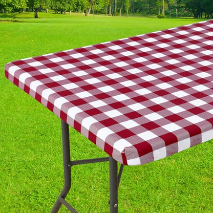 Smiry 4 Foot Picnic Table Cloth, Flannel Backed Fitted Vinyl tablecloths | Waterproof Elastic Rectangle Tablecloth ,Buffalo Plaid Table Covers for Dining, Camping (Burgundy and white, 24" x 48") - color: Burgundy and White, size: 48" x 24" (Rectangular)