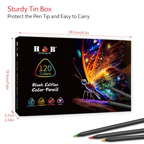H & B 120-Color Colored Pencils Set with Metallic Colors – Soft Core, Pre-Sharpened Shading & Blending Pencils for Adults, Artists & Beginners, Packed in a Gift Metal Iron Box - style: 120Count (Pack of 1)